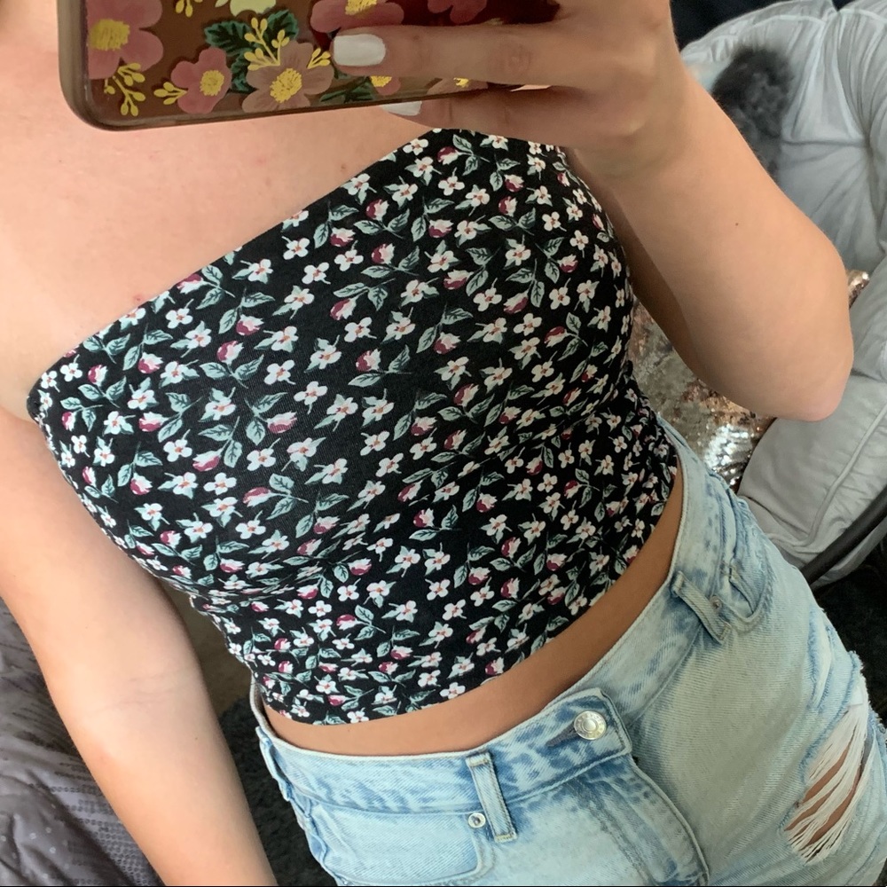 American Eagle Black Flower Print Tube Top